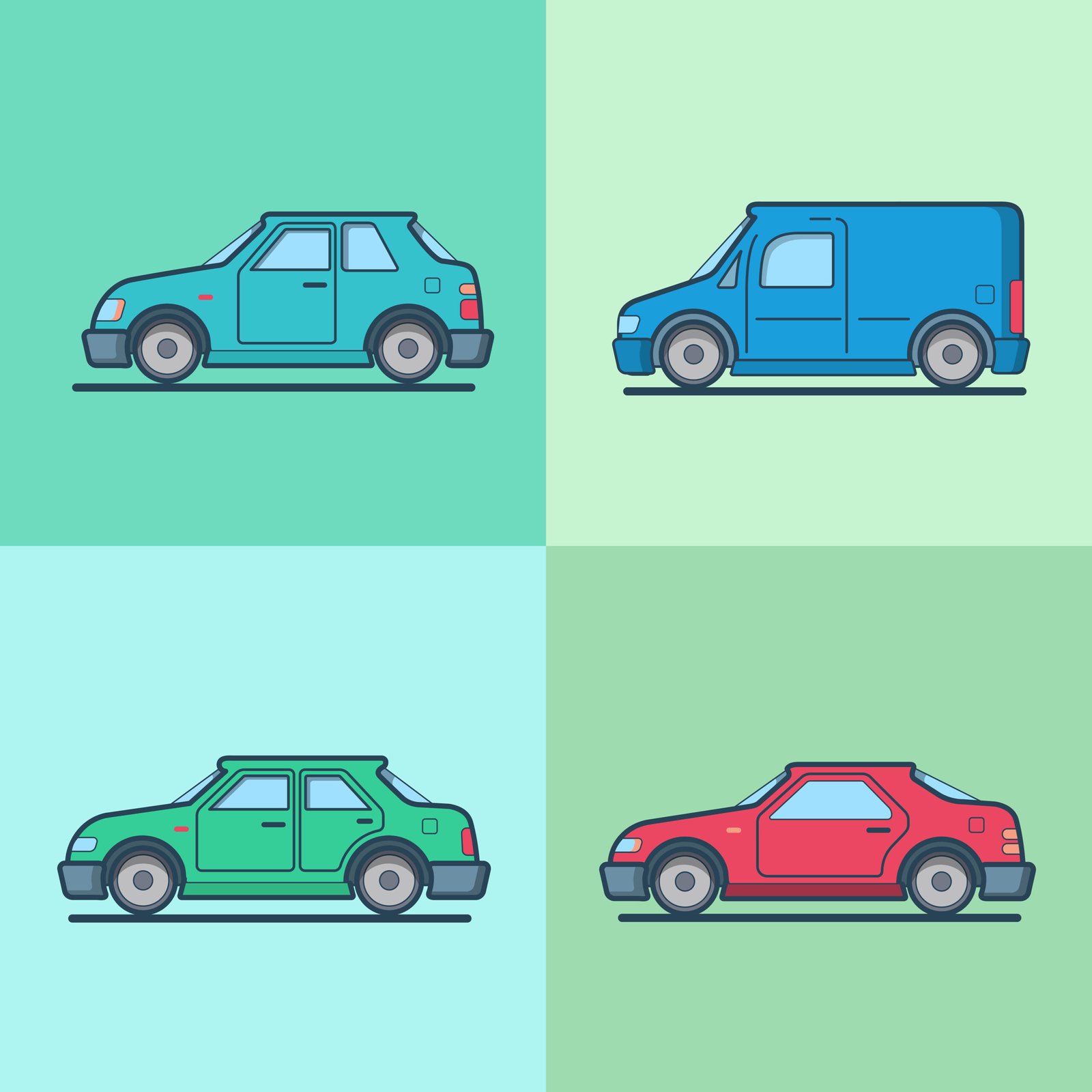 motor passenger car van sportscar sedan hatchback road transport set. linear multicolor stroke outline flat style vector icons. color icon collection.
